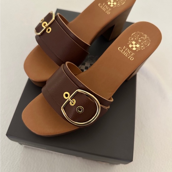 Vince Camuto Brown Leather Slide Sandals - Picture 3 of 5